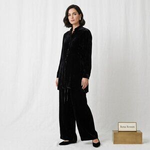 Rena Rowan NEW Black Velvet Silk blend Pant/button Tunic Jacket Suit set, sz 16